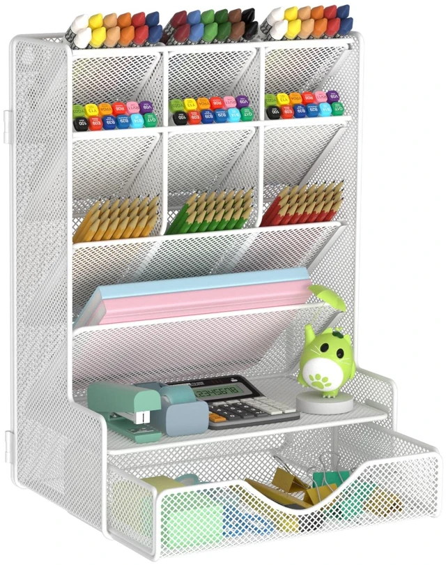 Main image of Pen Organizer for Desk, Multi-Functional Desk Organizer, Wall Mount Pen Holder with Drawer for School, Office, Home, Art Supplies, White