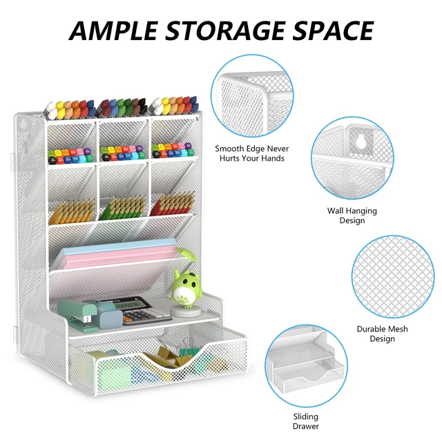 Alt view image 2 of 7 - Pen Organizer for Desk, Multi-Functional Desk Organizer, Wall Mount Pen Holder with Drawer for School, Office, Home, Art Supplies, White