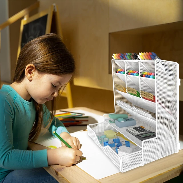 Alt view image 5 of 7 - Pen Organizer for Desk, Multi-Functional Desk Organizer, Wall Mount Pen Holder with Drawer for School, Office, Home, Art Supplies, White