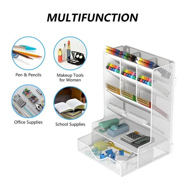 Alt view image 6 of 7 - Pen Organizer for Desk, Multi-Functional Desk Organizer, Wall Mount Pen Holder with Drawer for School, Office, Home, Art Supplies, White