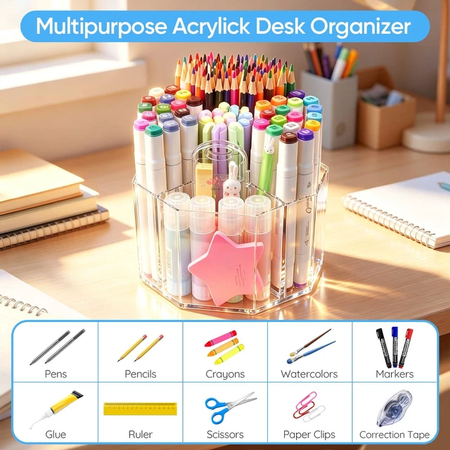 Alt view image 6 of 7 - 430pcs Acrylic Pencil Holder Marker Organizer 360-Degree Rotating | 5.9 inch higher, durable acrylic made,multipurpose 5 square slots, large capacity for holding 430pcs pencils or 200pcs pens