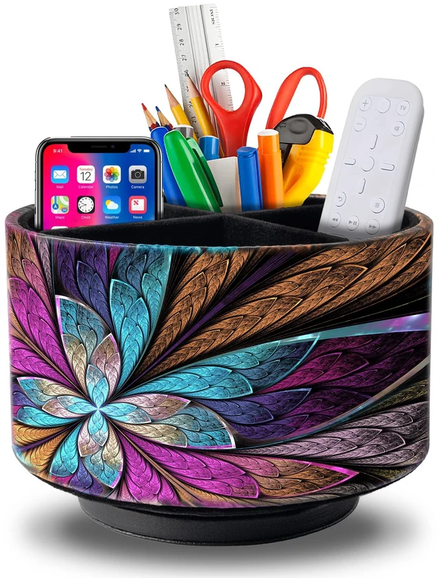 Main image of Remote Control Holder Round Leather Art Supply Organizer, PU Leather Pencil Stationery Desk Storage Makeup Organizer for Heater Controllers TV Remotes, 4 Compartments, 360 Degree Spinning