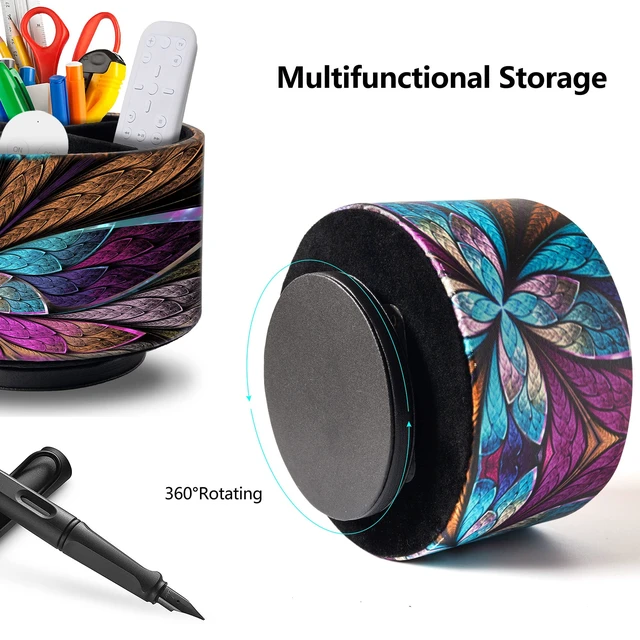 Alt view image 4 of 7 - Remote Control Holder Round Leather Art Supply Organizer, PU Leather Pencil Stationery Desk Storage Makeup Organizer for Heater Controllers TV Remotes, 4 Compartments, 360 Degree Spinning