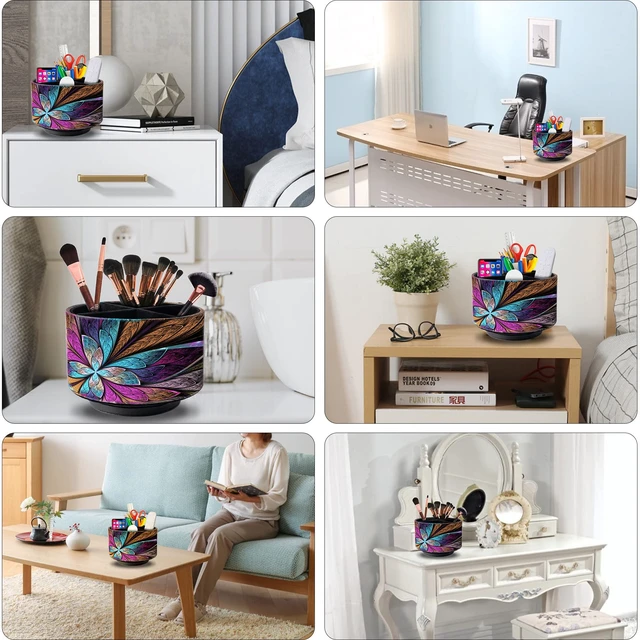 Alt view image 5 of 7 - Remote Control Holder Round Leather Art Supply Organizer, PU Leather Pencil Stationery Desk Storage Makeup Organizer for Heater Controllers TV Remotes, 4 Compartments, 360 Degree Spinning