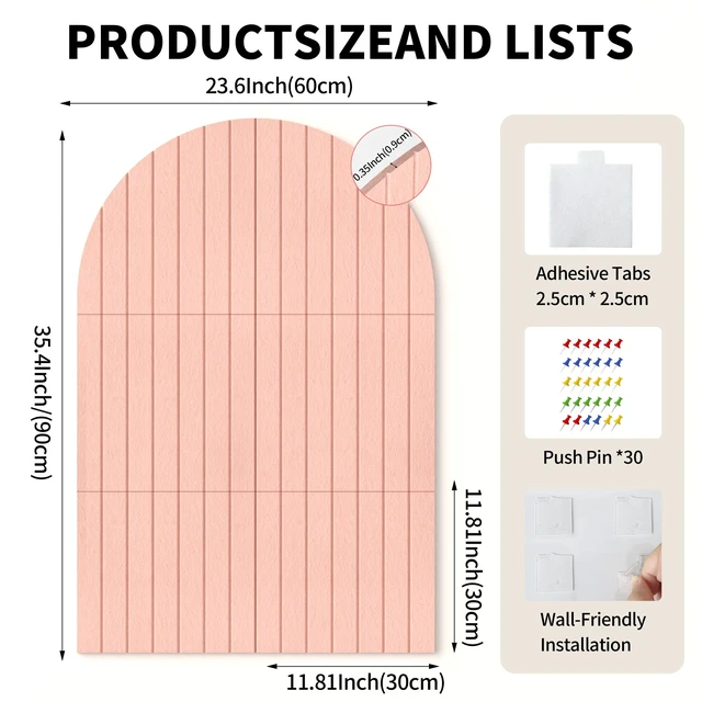 Alt view image 2 of 7 - Large Arched Felt Bulletin Board 35"x24", 6 Tiles Wall Decor, Pink | Photo Display Memo Board for Office Home, Includes Adhesive Tiles and Pins for Photos, Notes and Artwork