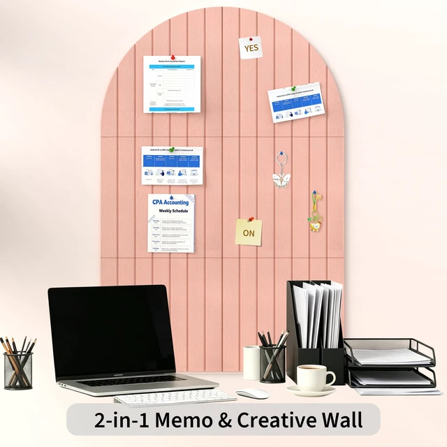 Alt view image 4 of 7 - Large Arched Felt Bulletin Board 35"x24", 6 Tiles Wall Decor, Pink | Photo Display Memo Board for Office Home, Includes Adhesive Tiles and Pins for Photos, Notes and Artwork