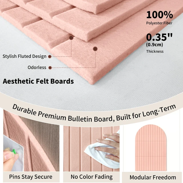 Alt view image 3 of 7 - Large Arched Felt Bulletin Board 35"x24", 6 Tiles Wall Decor, Pink | Photo Display Memo Board for Office Home, Includes Adhesive Tiles and Pins for Photos, Notes and Artwork