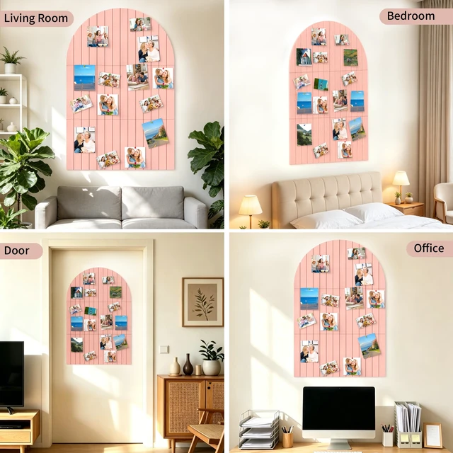 Alt view image 7 of 7 - Large Arched Felt Bulletin Board 35"x24", 6 Tiles Wall Decor, Pink | Photo Display Memo Board for Office Home, Includes Adhesive Tiles and Pins for Photos, Notes and Artwork