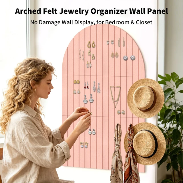 Alt view image 6 of 7 - Large Arched Felt Bulletin Board 35"x24", 6 Tiles Wall Decor, Pink | Photo Display Memo Board for Office Home, Includes Adhesive Tiles and Pins for Photos, Notes and Artwork