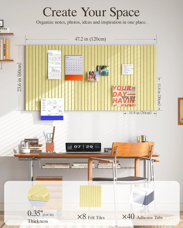 Alt view image 2 of 7 - Large Felt Bulletin Board 48" x 24", Butter Yellow | 8 Pack Felt Tiles, 40 Adhesive Tabs, Cork Board Alternative for Walls, Push Pin Board for Home Office Decor
