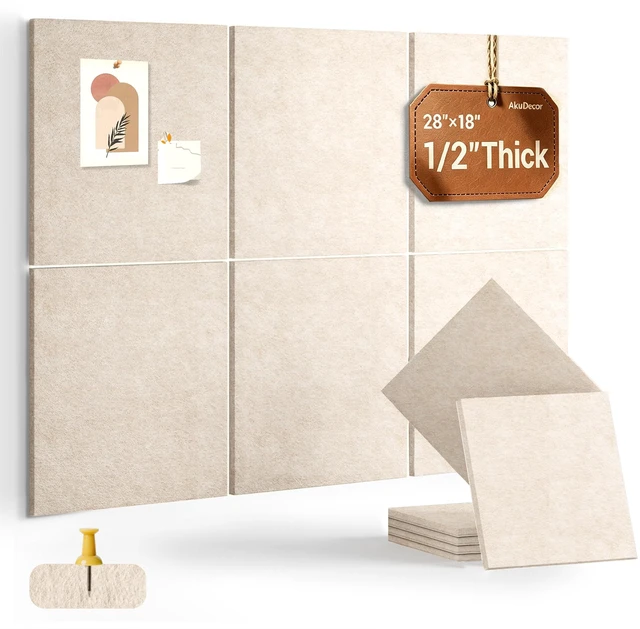 Main image of 28" x 18" Felt Bulletin Board Tiles 1/2" Thick, Beige | 6 Pack Felt Tiles, Large Cork Board Alternative, 30 Adhesive Tabs, Pin Board for Home Office Decor with Easy Install