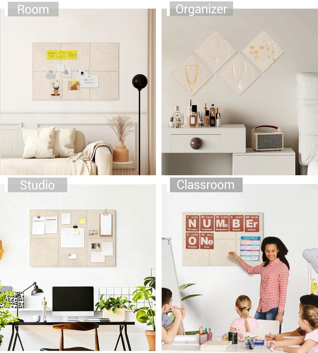 Alt view image 5 of 6 - 28" x 18" Felt Bulletin Board Tiles 1/2" Thick, Beige | 6 Pack Felt Tiles, Large Cork Board Alternative, 30 Adhesive Tabs, Pin Board for Home Office Decor with Easy Install