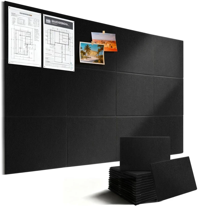 Main image of 48"x 24" Large Felt Bulletin Board Tiles, Black | 12-Pack Cork Board Alternative, Wall Decor, 72 Adhesive Tabs,Pin Board Custom Layout Design, Office Decor Home Decor