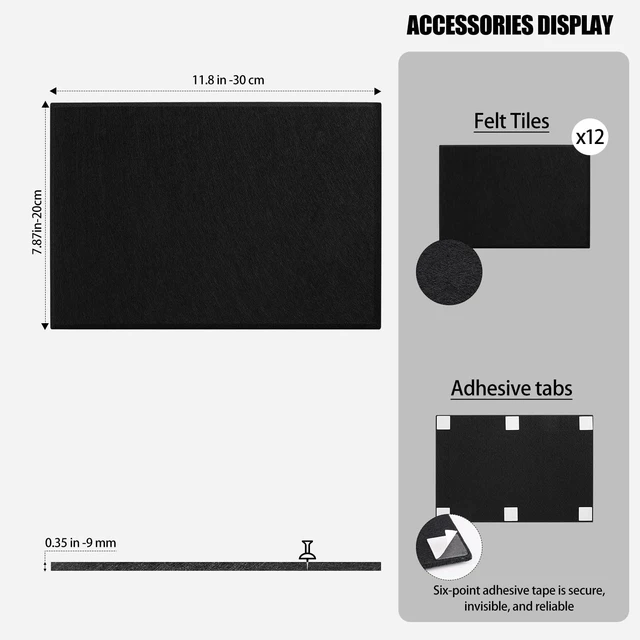 Alt view image 3 of 7 - 48"x 24" Large Felt Bulletin Board Tiles, Black | 12-Pack Cork Board Alternative, Wall Decor, 72 Adhesive Tabs,Pin Board Custom Layout Design, Office Decor Home Decor