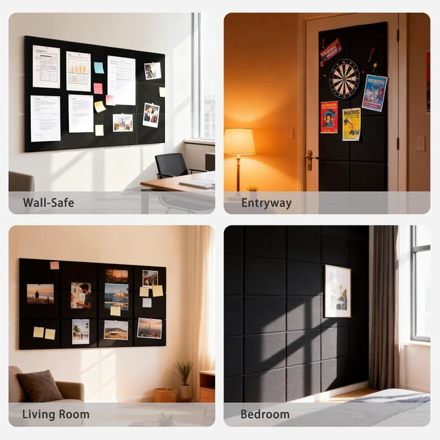 Alt view image 5 of 7 - 48"x 24" Large Felt Bulletin Board Tiles, Black | 12-Pack Cork Board Alternative, Wall Decor, 72 Adhesive Tabs,Pin Board Custom Layout Design, Office Decor Home Decor