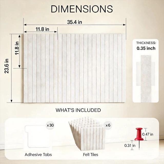 Alt view image 4 of 7 - Felt Bulletin Board 36"x24"6 Pack Cork Boards for Walls, Light Tan | Includes Removable Adhesive Tabs & Push Pins, Felt Wall Tiles for Dorm, School, Home and Office Decor, Cork Board Alternative