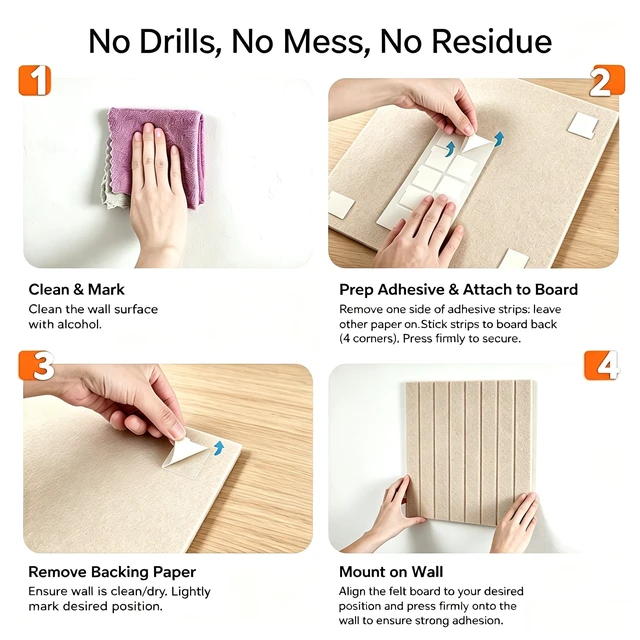 Alt view image 6 of 7 - Felt Bulletin Board 36"x24"6 Pack Cork Boards for Walls, Light Tan | Includes Removable Adhesive Tabs & Push Pins, Felt Wall Tiles for Dorm, School, Home and Office Decor, Cork Board Alternative
