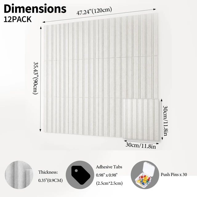 Alt view image 2 of 7 - 12 Pack Felt Bulletin Board Tiles, 48"X36" Felt Wall Tiles with 30 Pushpins, 70 Adhesive Tabs, Large Cork Boards for Walls, Slat Wall Paneling Push Pin Boards for Walls Home Office Classroom, Oatmeal