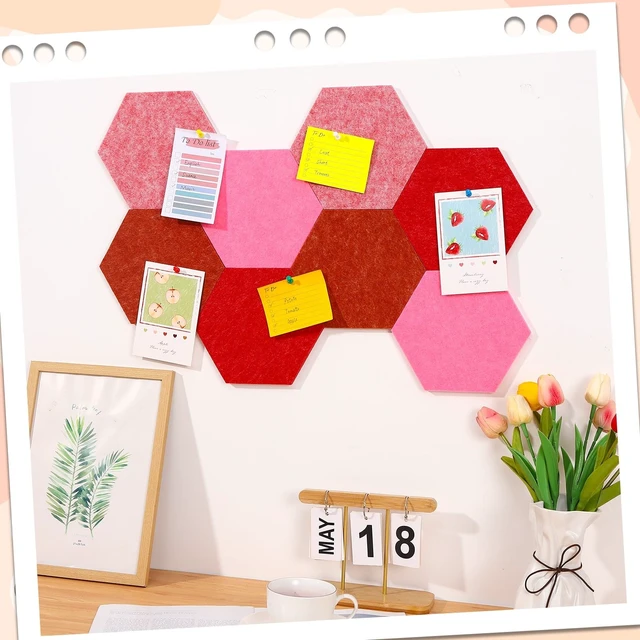 Alt view image 7 of 7 - Hexagon Felt Board Tiles, Self Adhesive DIY Bulletin Board Pin Board, 8Pcs Felt Cork Pin Board with 20 Push Pins for Wall Decor Memos Photos Display Note (Gradual Red)