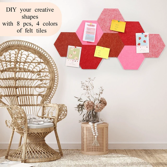 Alt view image 5 of 7 - Hexagon Felt Board Tiles, Self Adhesive DIY Bulletin Board Pin Board, 8Pcs Felt Cork Pin Board with 20 Push Pins for Wall Decor Memos Photos Display Note (Gradual Red)