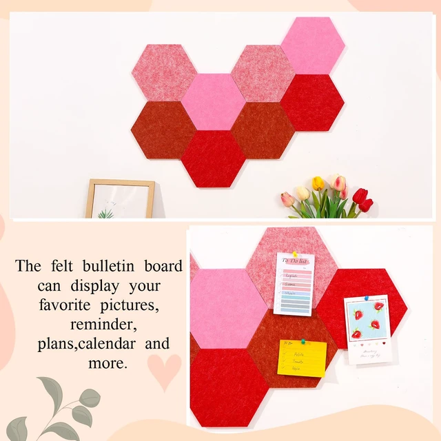 Alt view image 6 of 7 - Hexagon Felt Board Tiles, Self Adhesive DIY Bulletin Board Pin Board, 8Pcs Felt Cork Pin Board with 20 Push Pins for Wall Decor Memos Photos Display Note (Gradual Red)