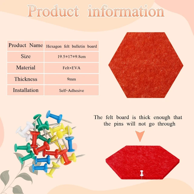 Alt view image 3 of 7 - Hexagon Felt Board Tiles, Self Adhesive DIY Bulletin Board Pin Board, 8Pcs Felt Cork Pin Board with 20 Push Pins for Wall Decor Memos Photos Display Note (Gradual Red)