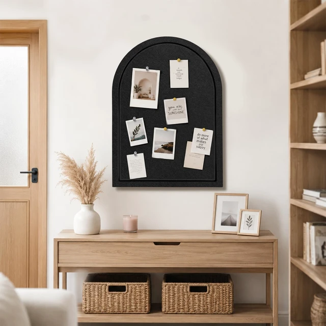 Alt view image 2 of 7 - Arched Felt Bulletin Board 24"x18", Decorative Pin Board for Wall, Black | 0.35" thick modern black felt bulletin board with hooks for photos, notes, vision boards and stylish office wall organization