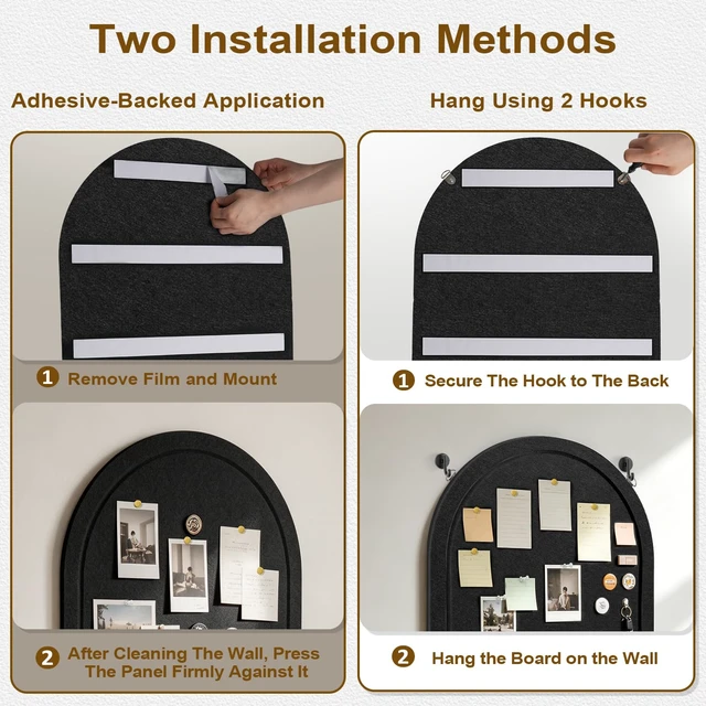 Alt view image 4 of 7 - Arched Felt Bulletin Board 24"x18", Decorative Pin Board for Wall, Black | 0.35" thick modern black felt bulletin board with hooks for photos, notes, vision boards and stylish office wall organization