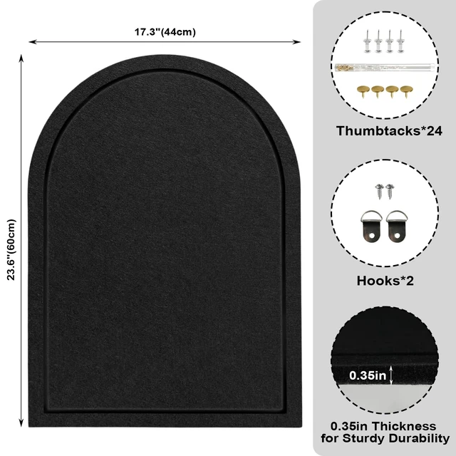 Alt view image 3 of 7 - Arched Felt Bulletin Board 24"x18", Decorative Pin Board for Wall, Black | 0.35" thick modern black felt bulletin board with hooks for photos, notes, vision boards and stylish office wall organization