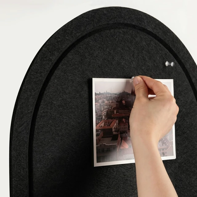 Alt view image 5 of 7 - Arched Felt Bulletin Board 24"x18", Decorative Pin Board for Wall, Black | 0.35" thick modern black felt bulletin board with hooks for photos, notes, vision boards and stylish office wall organization