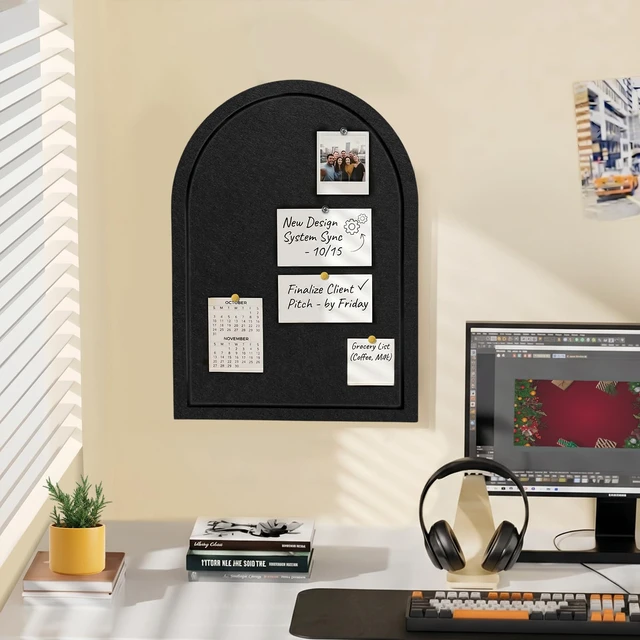 Alt view image 6 of 7 - Arched Felt Bulletin Board 24"x18", Decorative Pin Board for Wall, Black | 0.35" thick modern black felt bulletin board with hooks for photos, notes, vision boards and stylish office wall organization