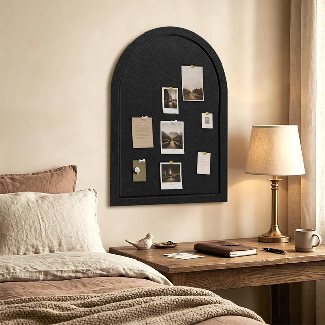 Alt view image 7 of 7 - Arched Felt Bulletin Board 24"x18", Decorative Pin Board for Wall, Black | 0.35" thick modern black felt bulletin board with hooks for photos, notes, vision boards and stylish office wall organization