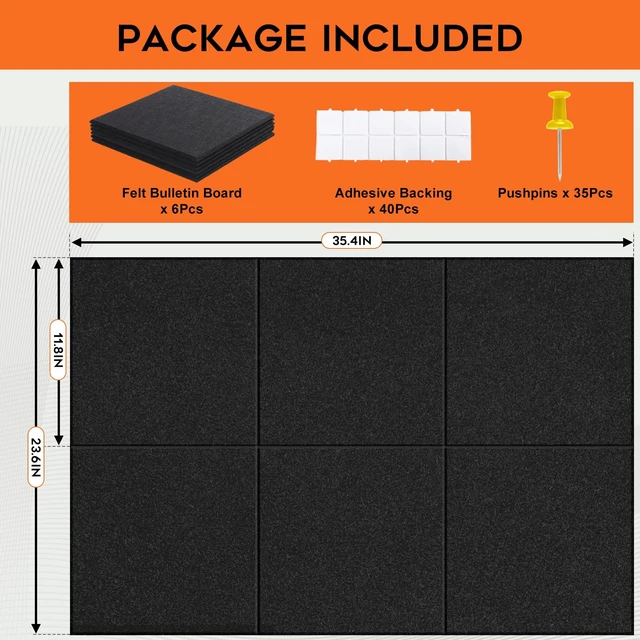 Alt view image 3 of 7 - Felt Bulletin Board 36x24 in, 6-Pack Self-Adhesive Felt Wall Tiles | Cork Boards for Walls Alternative with 35 Push Pins & 40 Adhesive Tabs,Large Pin Boards for Office, Home & Classroom Decor