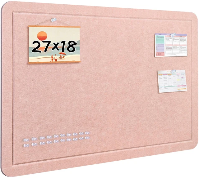 Main image of Felt Bulletin Board, 27" x 18" Cork Board Alternative with 12 Adhesive Tabs and 20 Pushpins, Foldable Pin Board for Wall, Decorative Photo Vision Board for Office, Classroom, Pink