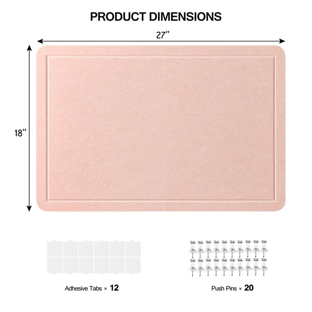 Alt view image 2 of 6 - Felt Bulletin Board, 27" x 18" Cork Board Alternative with 12 Adhesive Tabs and 20 Pushpins, Foldable Pin Board for Wall, Decorative Photo Vision Board for Office, Classroom, Pink