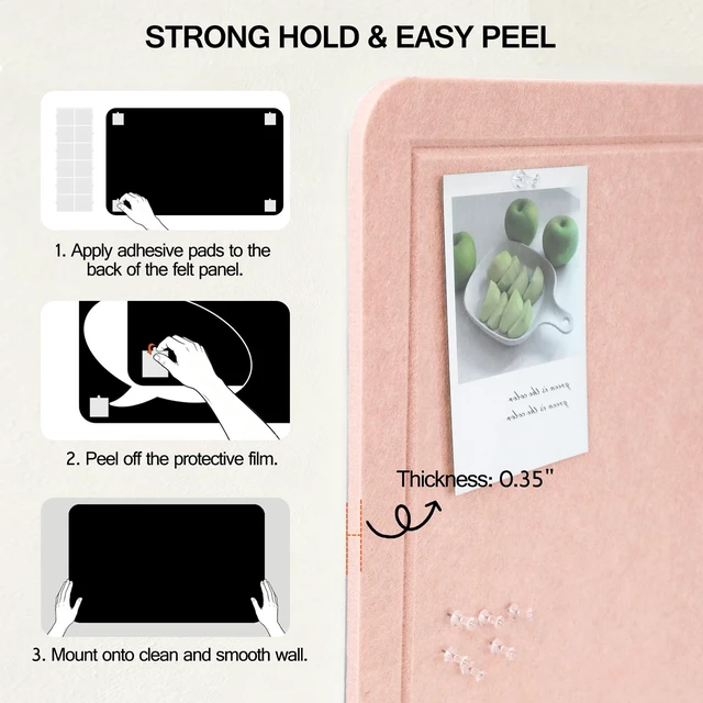 Alt view image 4 of 6 - Felt Bulletin Board, 27" x 18" Cork Board Alternative with 12 Adhesive Tabs and 20 Pushpins, Foldable Pin Board for Wall, Decorative Photo Vision Board for Office, Classroom, Pink