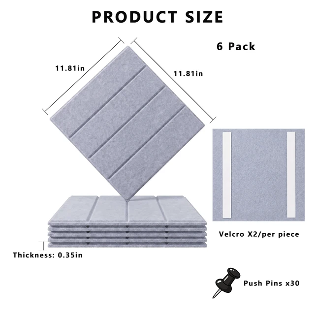 Alt view image 2 of 7 - Felt Bulletin Board Tiles 6 Pack 12x12 Inch Large Square Sound Absorbing Pin Board, Self-Adhesive Tape Easy Wall Mount, Push Pin Memo Board for Office Home School Decor, Gray