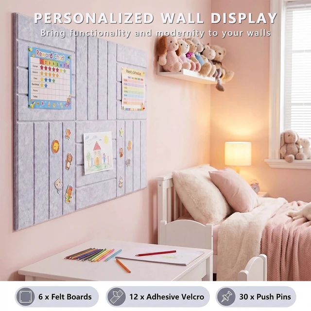 Alt view image 7 of 7 - Felt Bulletin Board Tiles 6 Pack 12x12 Inch Large Square Sound Absorbing Pin Board, Self-Adhesive Tape Easy Wall Mount, Push Pin Memo Board for Office Home School Decor, Gray