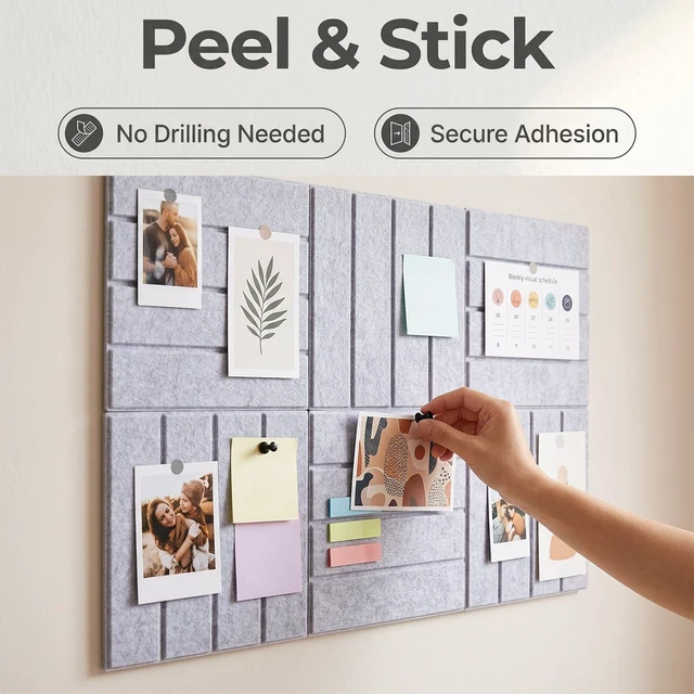 Alt view image 5 of 7 - Felt Bulletin Board Tiles 6 Pack 12x12 Inch Large Square Sound Absorbing Pin Board, Self-Adhesive Tape Easy Wall Mount, Push Pin Memo Board for Office Home School Decor, Gray