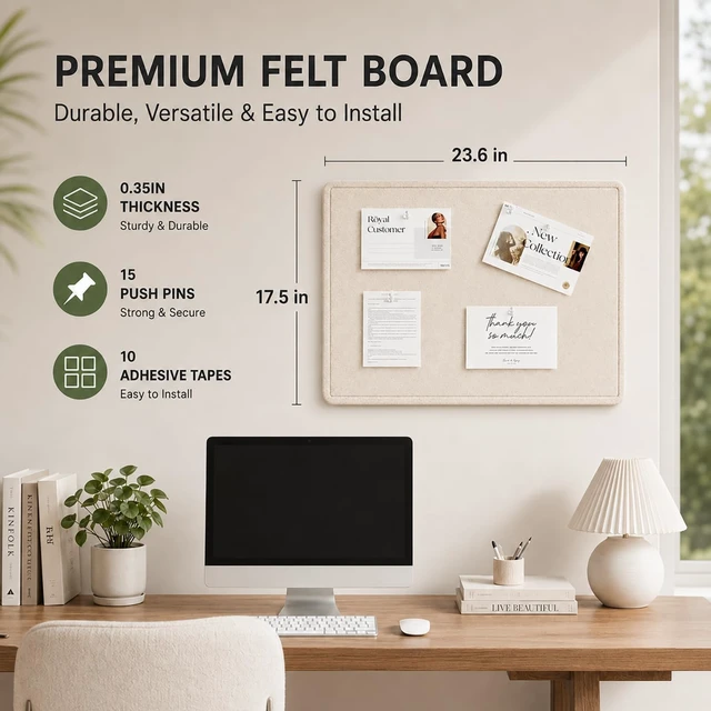Alt view image 2 of 7 - Beige Small Felt Bulletin Board for Wall 24 x 18 Inch Frameless | Foldable shipping with easy mounting for notes photos and planning