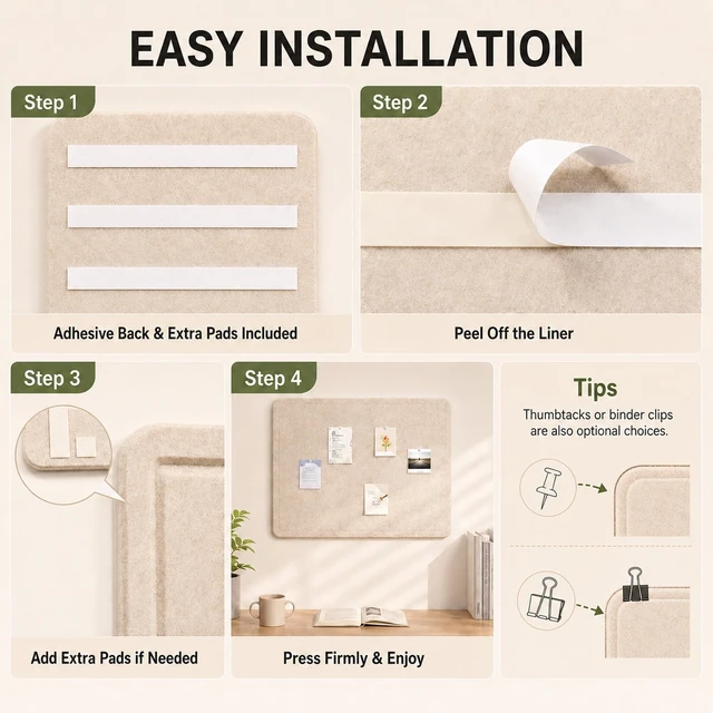 Alt view image 6 of 7 - Beige Small Felt Bulletin Board for Wall 24 x 18 Inch Frameless | Foldable shipping with easy mounting for notes photos and planning