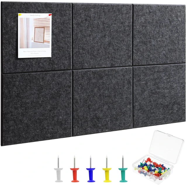 Main image of Large Cork Board 36" x 24", 6 Pack Felt Bulletin Board Pin Boards | Includes 30 Pushpins, Self-Adhesive, Felt Wall Tiles for Walls Office Home School Decor-Dark Gray
