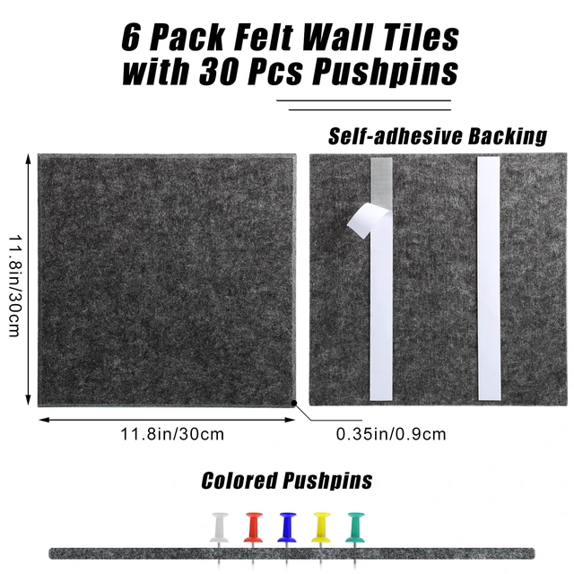 Alt view image 3 of 7 - Large Cork Board 36" x 24", 6 Pack Felt Bulletin Board Pin Boards | Includes 30 Pushpins, Self-Adhesive, Felt Wall Tiles for Walls Office Home School Decor-Dark Gray