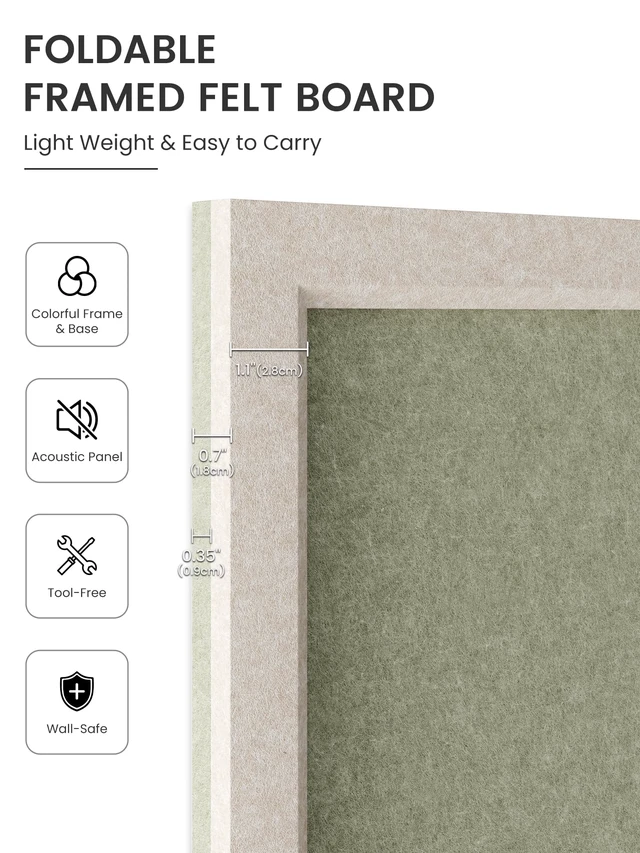 Alt view image 3 of 7 - Framed Felt Bulletin Board, 23.6" x 17.1", Sage | Cork Board Alternative with 12 Removable Adhesive Tabs, Foldable Pin Board for Wall, Home, Office, Classroom & Dorm