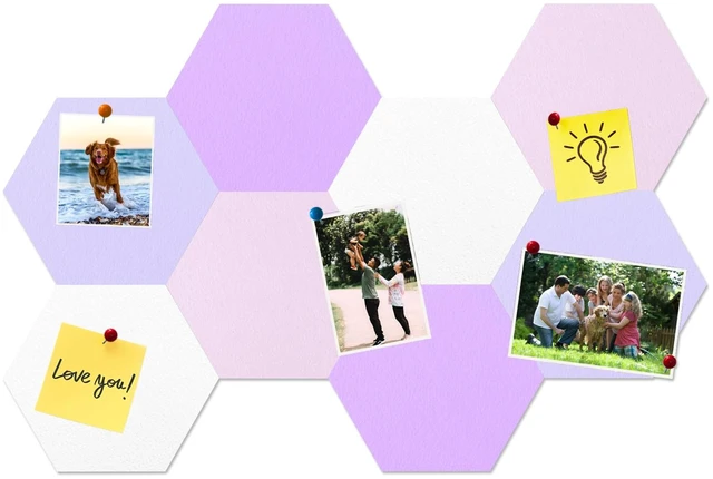 Main image of 8 Pcs Hexagon Felt Cork Bulletin Board Tiles, Self Adhesive DIY Bulletin Board Pin Board for Office School Home Wall Decor Memos Photos Display(Purple & Pink)