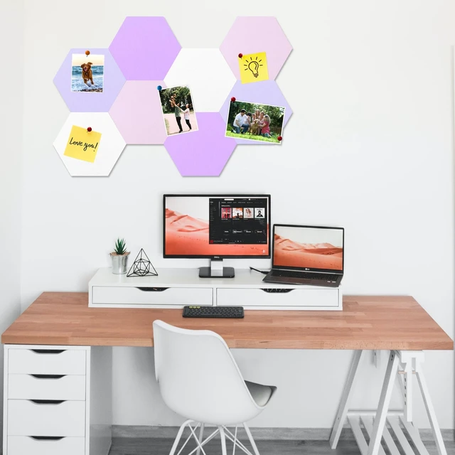 Alt view image 2 of 7 - 8 Pcs Hexagon Felt Cork Bulletin Board Tiles, Self Adhesive DIY Bulletin Board Pin Board for Office School Home Wall Decor Memos Photos Display(Purple & Pink)