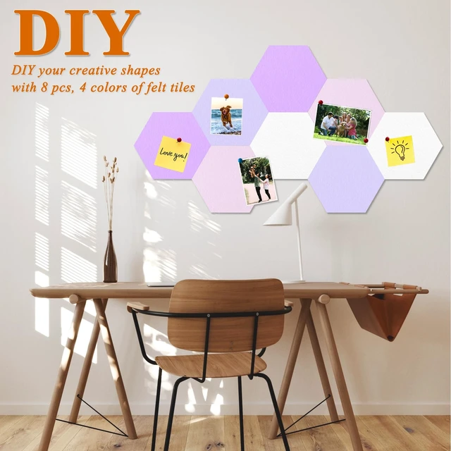 Alt view image 3 of 7 - 8 Pcs Hexagon Felt Cork Bulletin Board Tiles, Self Adhesive DIY Bulletin Board Pin Board for Office School Home Wall Decor Memos Photos Display(Purple & Pink)