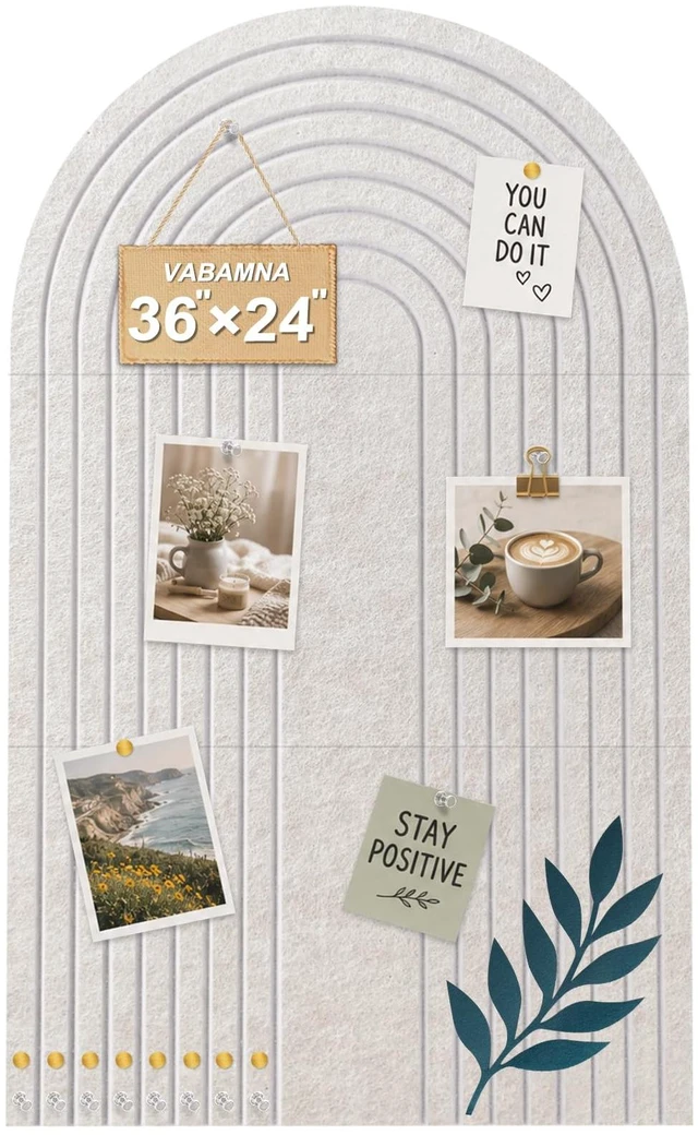 Main image of Large Arched Felt Bulletin Board 36"x24", Decorative Pin Board for Wall | 3-pc felt pin board tiles, 30 adhesive tabs, soft oatmeal arch-inspired look for photo, memo, vision board & wall displays