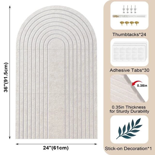 Alt view image 3 of 7 - Large Arched Felt Bulletin Board 36"x24", Decorative Pin Board for Wall | 3-pc felt pin board tiles, 30 adhesive tabs, soft oatmeal arch-inspired look for photo, memo, vision board & wall displays
