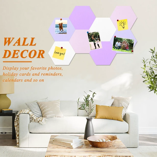 Alt view image 7 of 7 - 8 Pcs Hexagon Felt Cork Bulletin Board Tiles, Self Adhesive DIY Bulletin Board Pin Board for Office School Home Wall Decor Memos Photos Display(Purple & Pink)